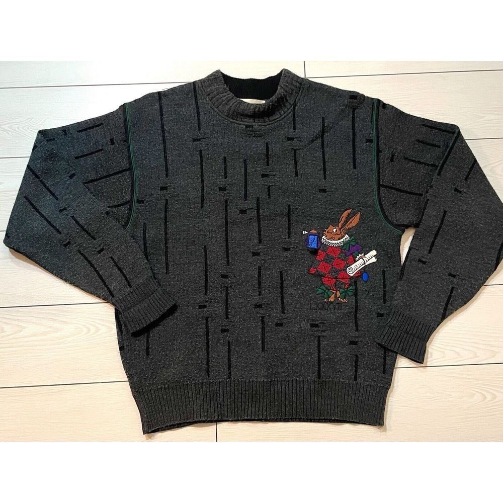 Carlo Colucci wool gray sweater vintage w/brown rabbit blowing a horn Size‎ 3XL